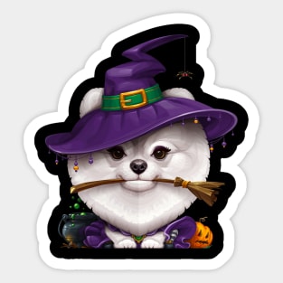 White Pomeranian Witch Halloween Sticker
